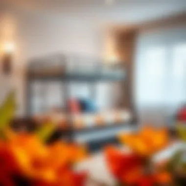 Creative interior design incorporating a metal twin over full bunk bed with trundle in a stylish room