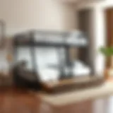 Stylish metal twin over full bunk bed with trundle in a modern bedroom setting