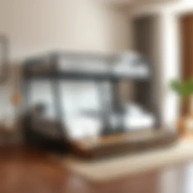 Stylish metal twin over full bunk bed with trundle in a modern bedroom setting