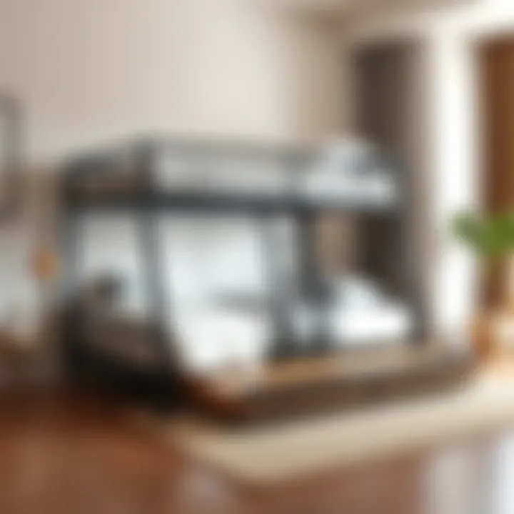 Stylish metal twin over full bunk bed with trundle in a modern bedroom setting