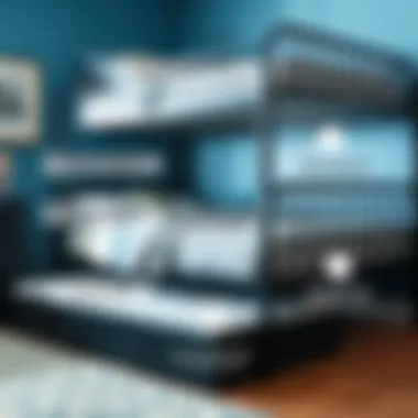 Close-up view highlighting safety features of a metal twin over full bunk bed with trundle