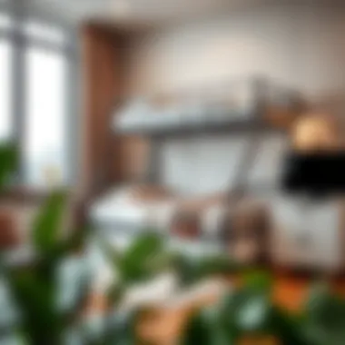 Space-saving layout showcasing a metal twin over full bunk bed with trundle in a compact room