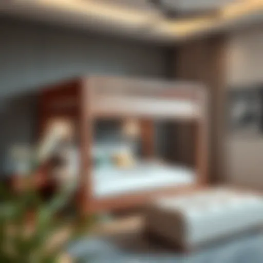 Elegant queen size wood bunk bed in a modern bedroom setting