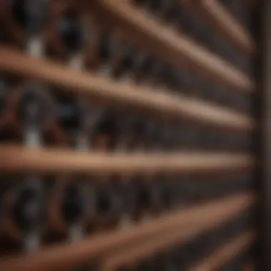 Close-up of the intricate details on a vintage wine rack.