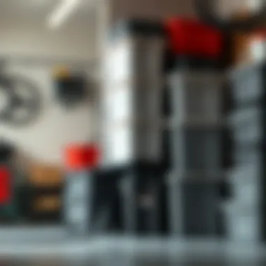 Efficient Garage Storage with Durable Bins Durable plastic storage bins stacked in a garage