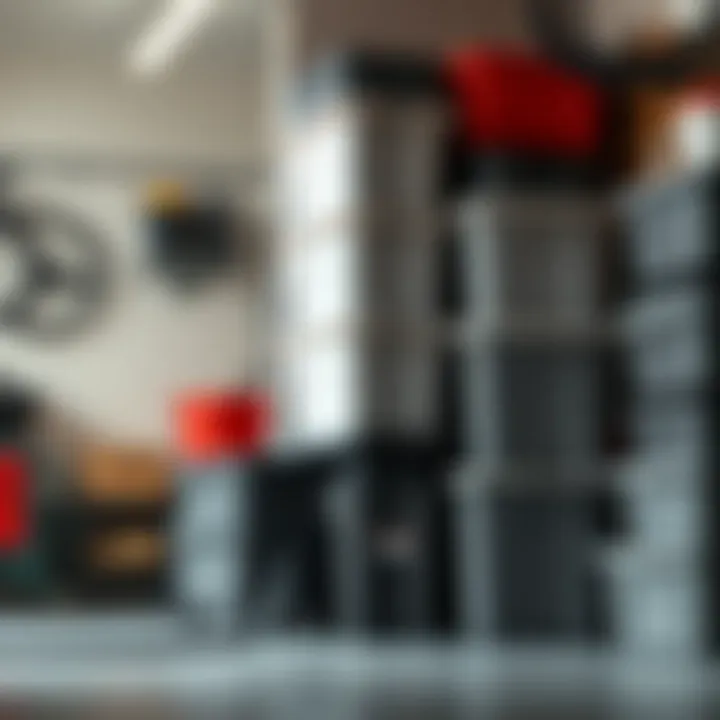 Efficient Garage Storage with Durable Bins Durable plastic storage bins stacked in a garage