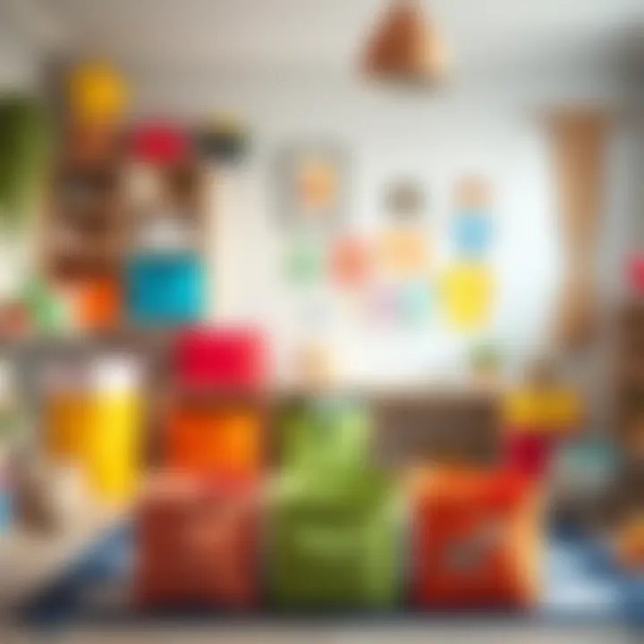 Organized Playroom with Colorful Fabric Bins Colorful fabric storage bins in a children's playroom