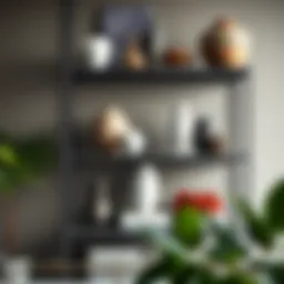 Stylish five-tier metal shelf showcasing various decorative items