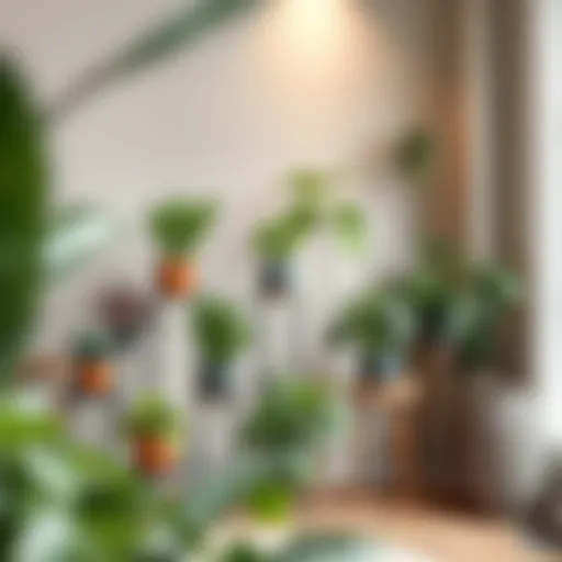 Elegantly arranged plant stands showcasing a variety of indoor plants.