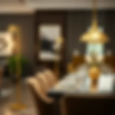 Gold floor lamp enhancing the ambiance of a sophisticated dining area
