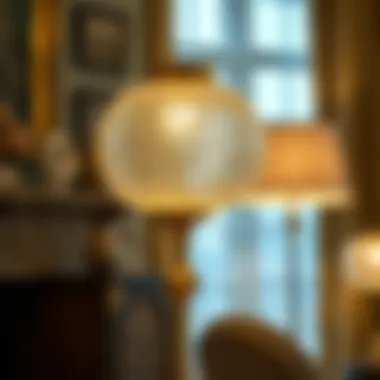 Gold floor lamp showcasing its intricate glass shade design