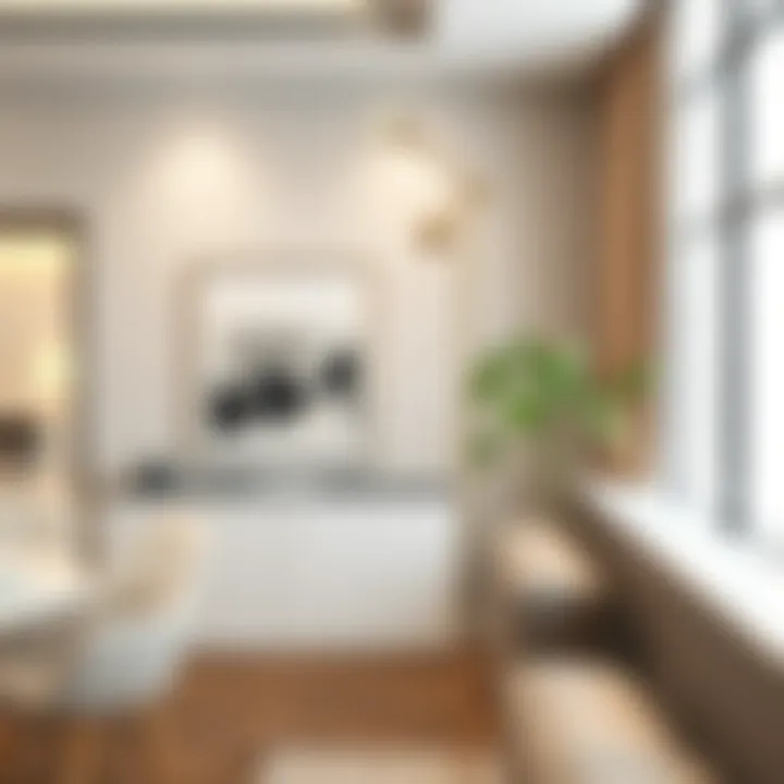 Modern gold floor lamp with a glass shade accentuating a minimalist living room