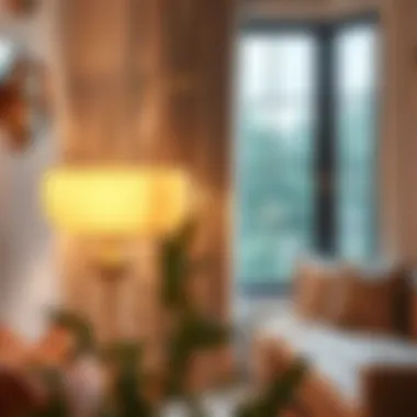 Elegant gold floor lamp illuminating a cozy reading nook