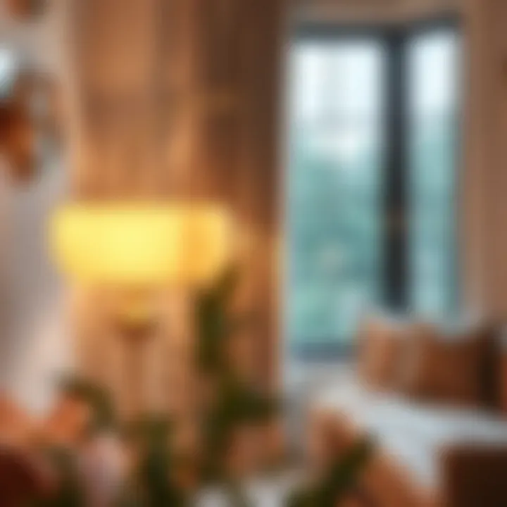 Elegant gold floor lamp illuminating a cozy reading nook