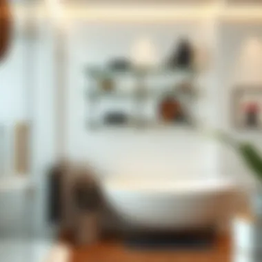 Glass hanging shelves showcasing bathroom decor