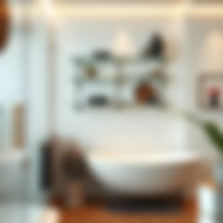 Glass hanging shelves showcasing bathroom decor