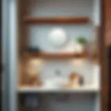 Stylish wooden hanging shelves in a modern bathroom