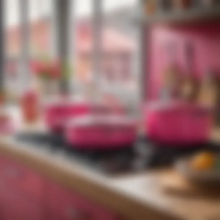 Hot pink kitchen accessories complementing cookware in a lively setting