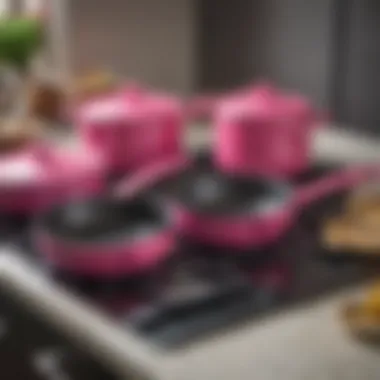 Stylish hot pink pots and pans arranged artistically on a countertop