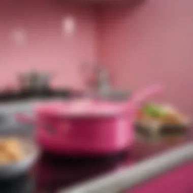 Close-up of a hot pink saucepan featuring unique design elements