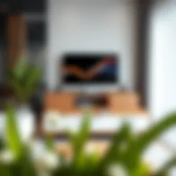 A modern office setup showcasing a sleek desk and a stylish TV console harmoniously integrated.