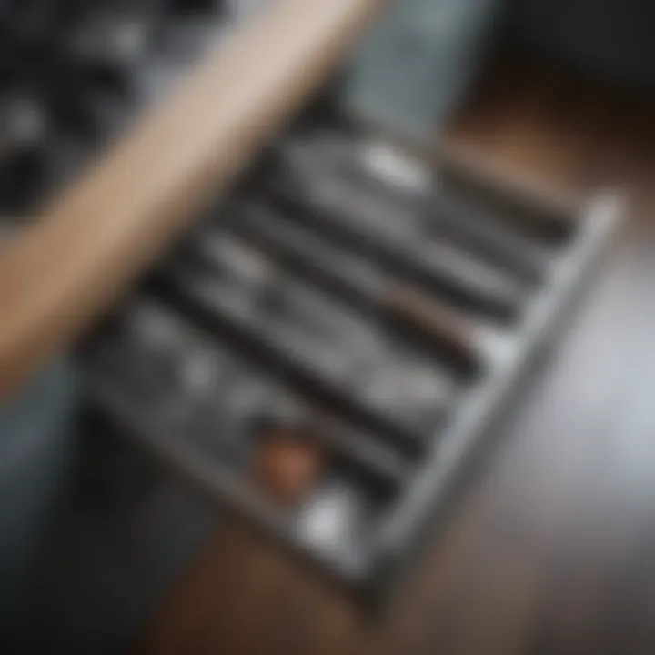 Organized kitchen drawer filled with utensil bundles.