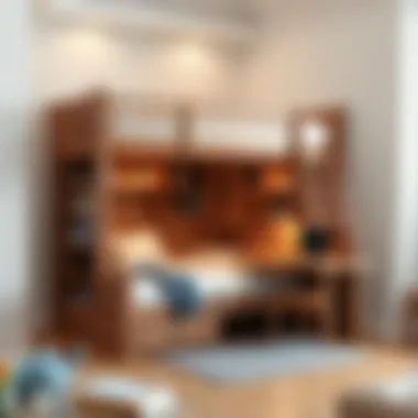 Compact bunk bed with shelves and workspace