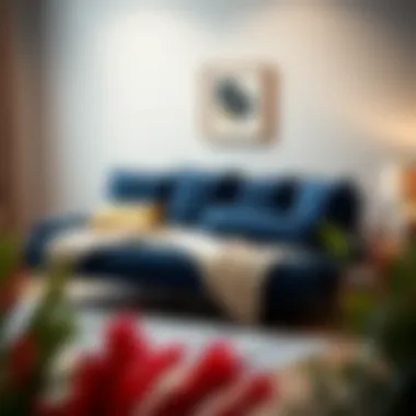 Dimensions and design elements of a navy blue futon sofa bed