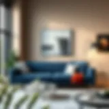 Stylish navy blue futon sofa bed in a modern living room