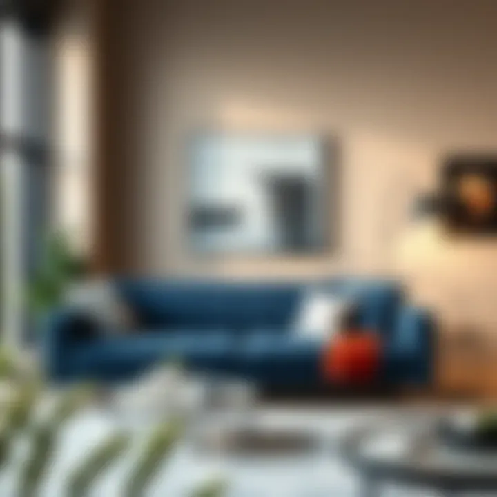 Stylish navy blue futon sofa bed in a modern living room