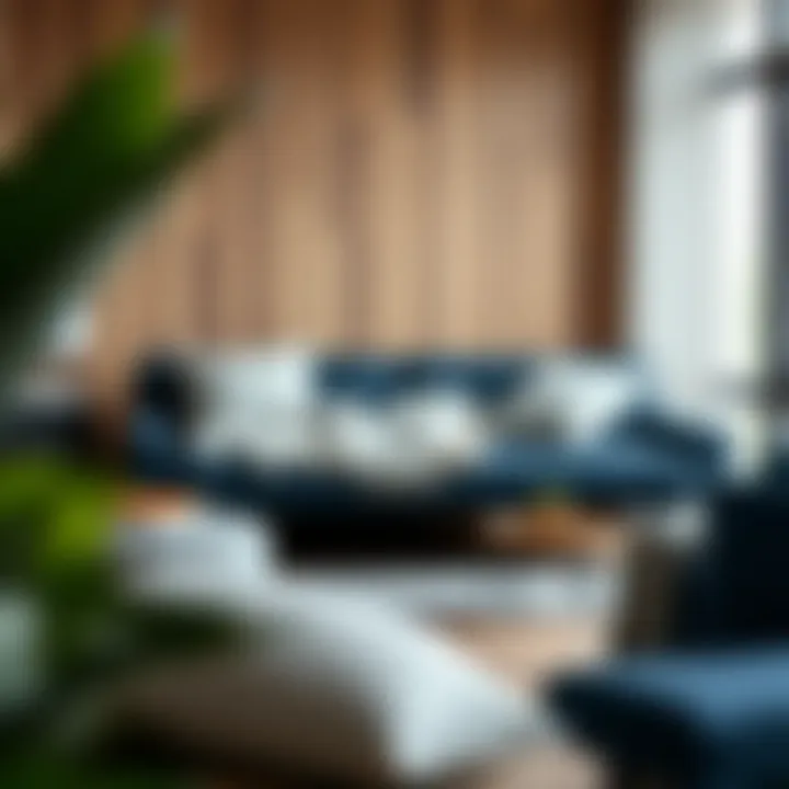 Navy blue futon sofa bed configured for sleeping