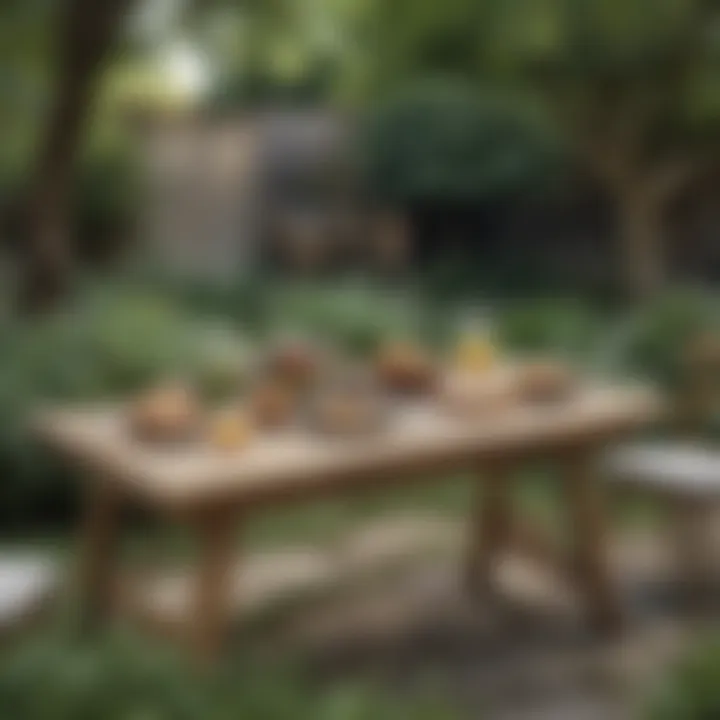 Rustic wooden snack table set in a garden for casual gatherings