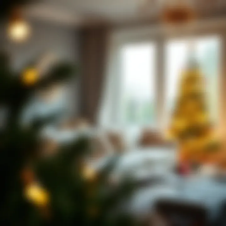 Charming living room with a beautifully decorated pencil Christmas tree