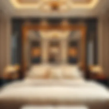 Luxurious bedroom highlighting a grand rectangular mirror