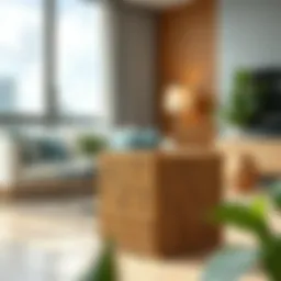 Stylish rectangular waste basket made of bamboo in a modern living room setting.