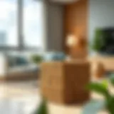 Bamboo Waste Basket in Contemporary Decor Stylish rectangular waste basket made of bamboo in a modern living room setting.