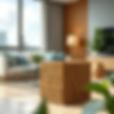 Bamboo Waste Basket in Contemporary Decor Stylish rectangular waste basket made of bamboo in a modern living room setting.