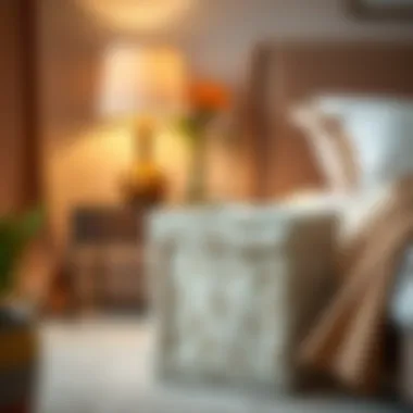 Fabric Waste Basket in Cozy Bedroom Elegant fabric-covered rectangular waste basket placed beside a bed, adding a touch of softness.