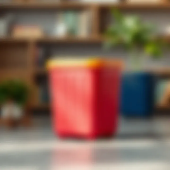 Eco-Friendly Plastic Waste Basket in Vibrant Colors Colorful rectangular waste basket made of recycled plastic, highlighting eco-friendly home choices.