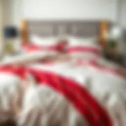 Elegant red and white striped comforter draped on a neatly made bed