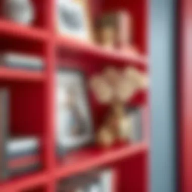 Color Theory and Decor on Red Shelves A close-up of artistic decor on a red book shelf emphasizing color theory