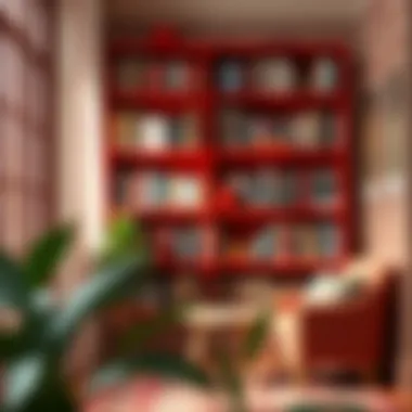 Vibrant Red Shelf in a Reading Nook A cozy reading nook featuring a vibrant red shelf filled with literature