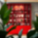 Elegant red book shelf with a modern design showcasing books and decor