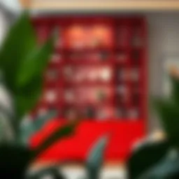 Elegant red book shelf with a modern design showcasing books and decor