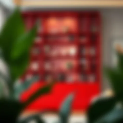 Elegant red book shelf with a modern design showcasing books and decor