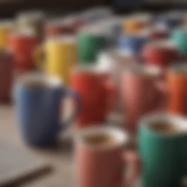 Close-up of various materials used in colored coffee mugs