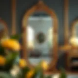 An ornate gold vintage floor mirror reflecting a lavish interior