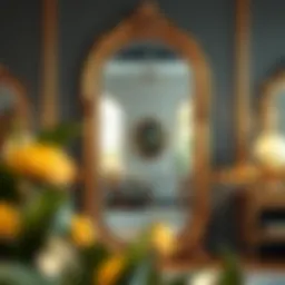 An ornate gold vintage floor mirror reflecting a lavish interior