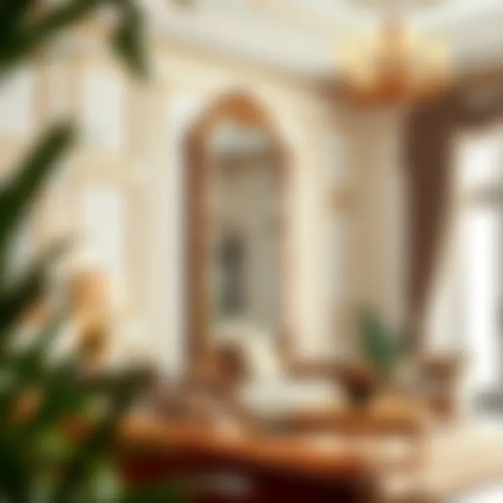 Gold Vintage Floor Mirror in Stylish Living Room A stylish living room featuring a gold vintage floor mirror as a focal point