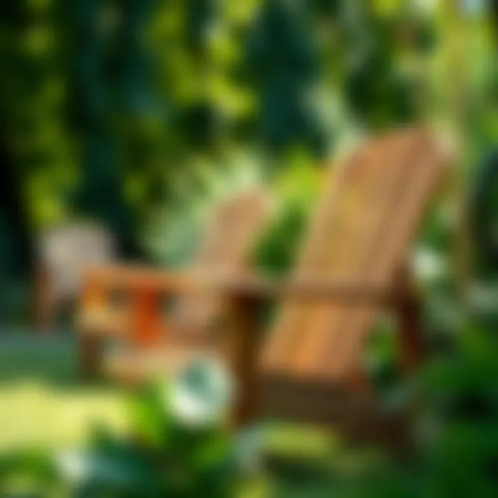 Wooden lawn chair surrounded by lush greenery